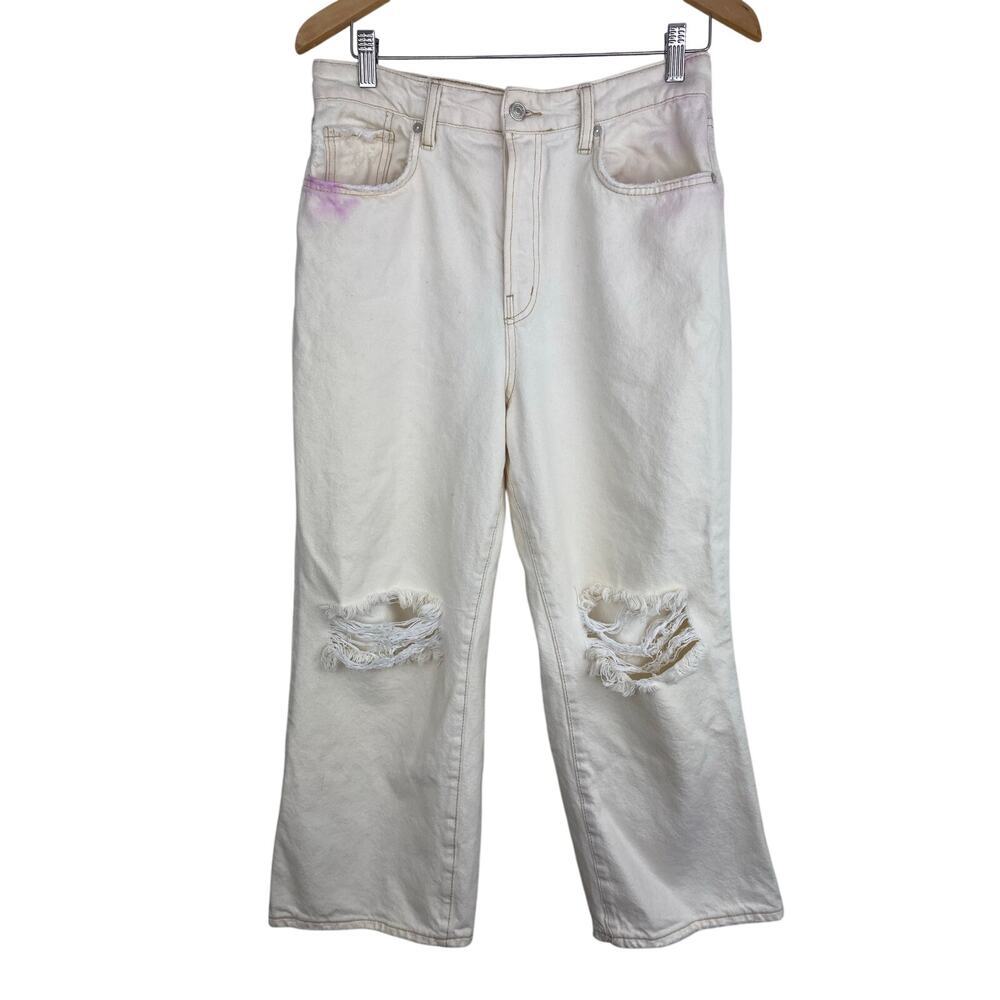 We the Free Women's 31 Cream Distressed Button Fly Wide Leg Crop Jeans *